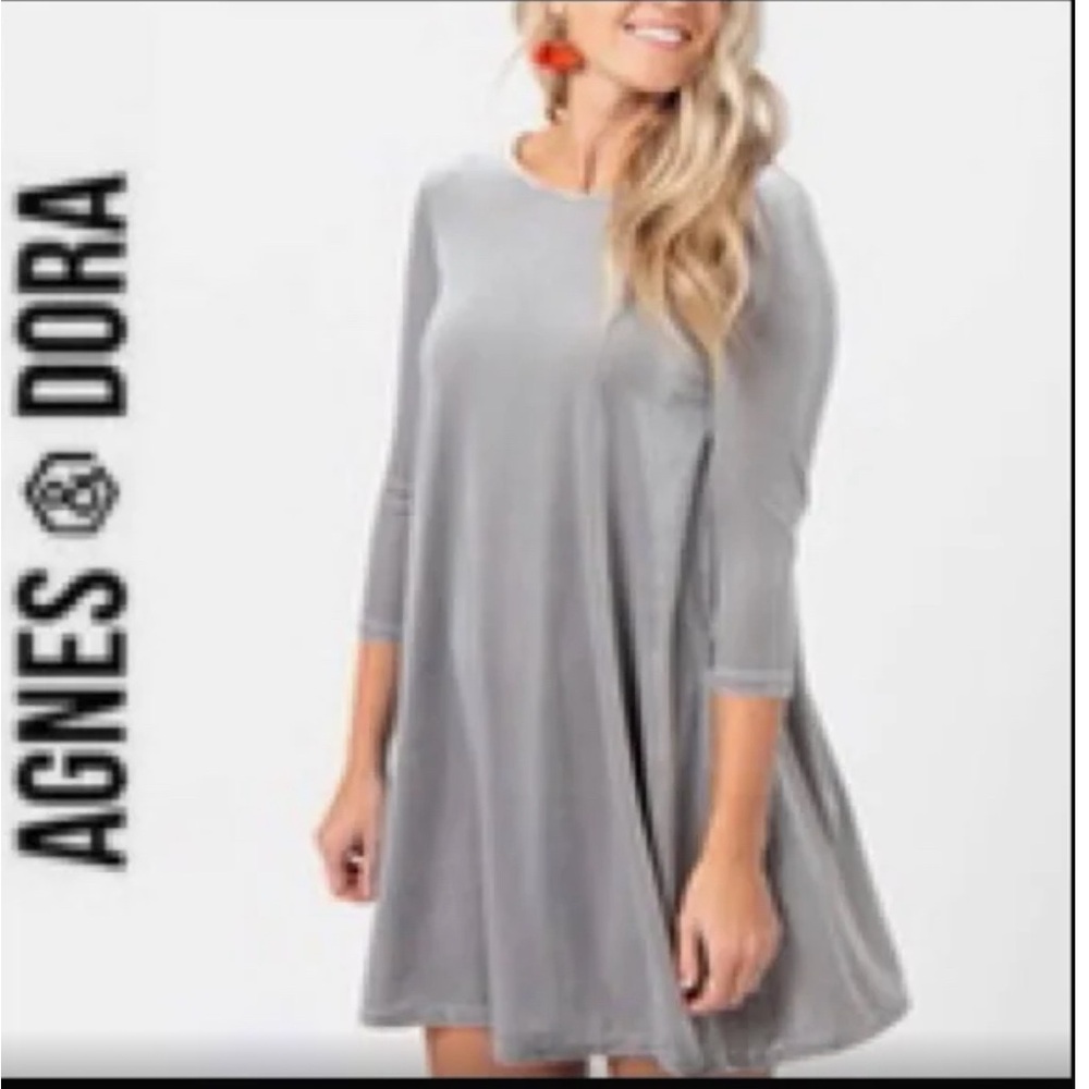 Agnes & Dora Silver Chrome Velvet 3/4 Sleeve Pockets Swing Tunic Dress XXS